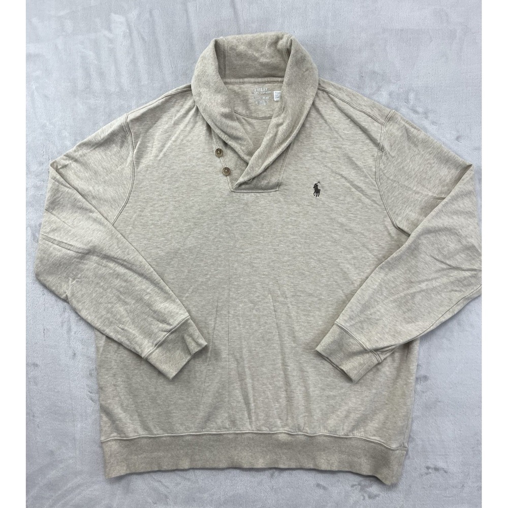Ralph Lauren Pullover Men XL Beige Luxury Jersey Shawl-Collar Sweater Preppy